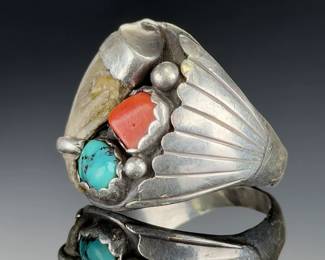 Vintage Navajo Sterling SILVER Bear Claw Ring, Turquoise & Coral, Size 12.5