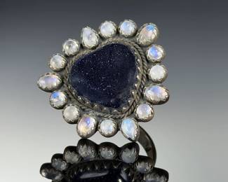 Sterling Silver mOONSTONE BLUE Goldstone HEART RING ADJUSTABLE (@% Studio ARTIST Made