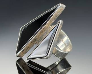 Vintage Sterling Silver Adjustable Ring, Geometric Black Inlay Modernist