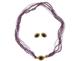 MIRIAM HASKELL Vintage Multistrand Purple Glass Bead Necklace. &Earrings Set