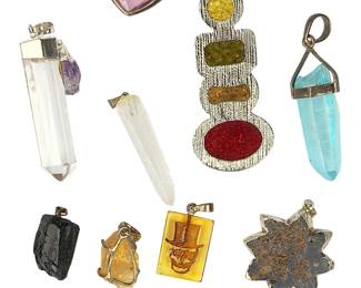 Assorted Natural Stone. &Crystal Pendants Lot (10) - Quartz, Amber, Druzy