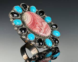 Monumental Sterling Silver Rhodochrosite Turquoise Onyx Adjustable RING