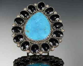 Monumental Sterling Silver TURQUOISE & ONYX Cluster Ring, adjustable Size
