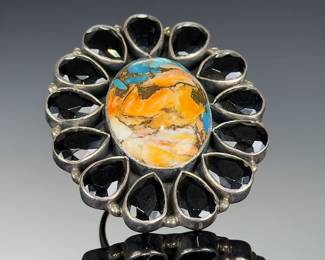 Monumental Sterling Silver Turquoise Spiny Oyster Onyx Ring, Studio Artist