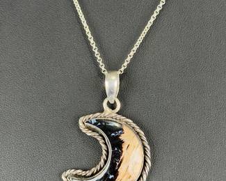 Sterling Silver STUDIO Artist CRESCENT MOON Pendant Necklace Petrified Wood