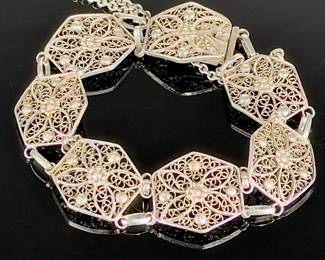 VINTAGE Sterling Silver Filigree Hexagonal Link Bracelet 925