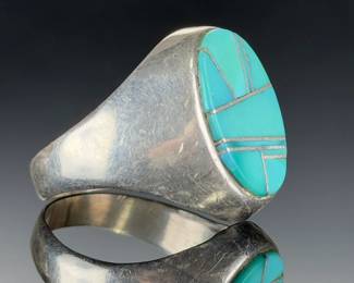 Sterling Silver Turquoise Inlay Ring, Vintage Geometric Signet, Size 12.5