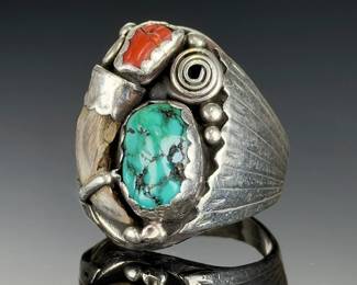 Vintage Navajo Silver Turquoise Coral Bear Claw Ring Native American