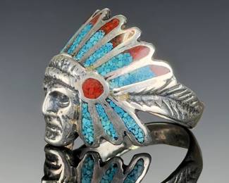 Native American. ChiefHead Ring, Turquoise Coral Chip Inlay