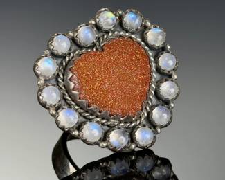 Sterling Silver Adjustable Goldstone Heart & MOONSTONE Studio Ring