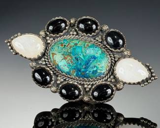 Monumental Sterling Silver Studio Ring, Chrysocolla, Onyx, QUARTZ< Size 8-12