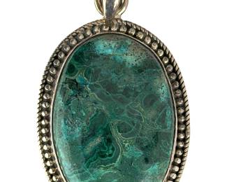 Sterling SILVER Malachite Azurite Oval Pendant, Artisan Made Studio Jewelry