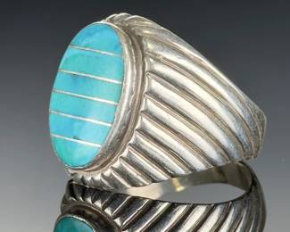 Native American Sterling Silver TURQUOISE INLAY Ring, SIGNED LC, SIZE !#