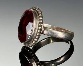 Sterling Silver Oval Deep Red Stone Studio Artist Ring, Size 9.5