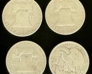 Silver Half Dollar Coin Lot: 3 Franklin, 1 Walking Liberty (4 Total)