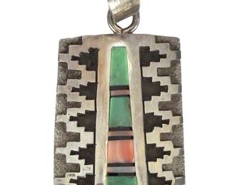 Vintage Native American Sterling Silver Sand Cast Pendant Turquoise Spiny Oyster SIGNED RB