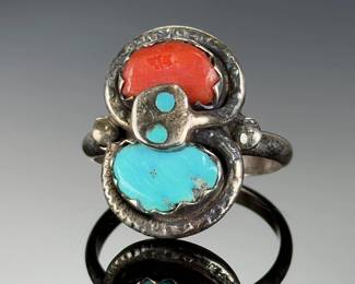 Zuni Effie calavaza Silver Turquoise Coral SNAKE Eye Ring Native American Size 7.75