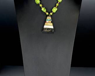 Multistone INLAY Pyramid Pendant Necklace, ARTIST Made, Statement Jewelry