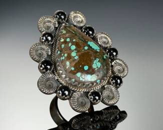 Monumental Sterling Silver Adjustable Ring w/ Turquoise & Onyx, Studio Made