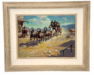 Ron Crooks Original Western Oil Painting "Fast Entry" Stagecoach ART Board