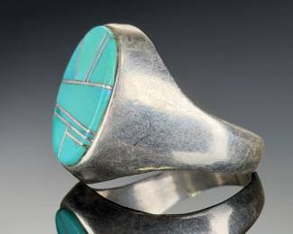 ilver Turquoise Inlay Ring, Vintage Geometric Signet, Size 12.5