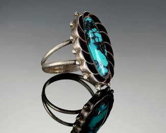 Vintage Southwest Turquoise Ring, Spiderweb Matrix, Silver-Tone, Size 5.25