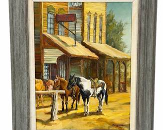 Western Oil Painting, Darrell M HILL< SALOON SCENE WITH Horses, ORIGINAL ART