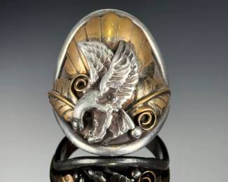 Sterling Silver Gold Plated Eagle Ring, Southwest Style, Signed R