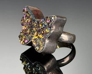 Sterling Silver Titanium Aura Druzy Butterfly Ring, Custom, Sz 7.25