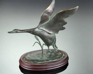 Vintage Bronze Flying Duck Sculpture, Patinated Waterfowl Bird on Wood Base