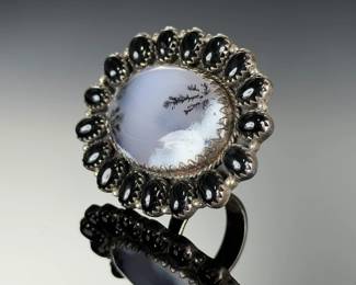Monumental STERLING SILVER Dendritic AGATE Black onyx Ring Sz 9-12