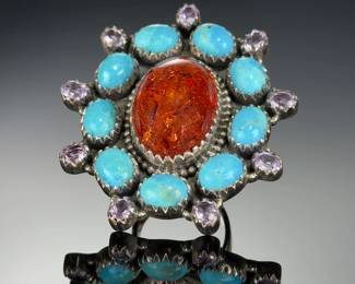 Monumental Sterling Silver AMBER TURQUOISE Amethyst Studio ARTIST RING< ADJUSTABLE