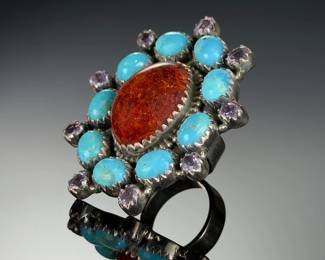 Monumental Sterling Silver Amber Turquoise AMETHYST Studio Artist Ring, Adjustable