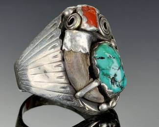 vIntage NAVAJO SILVER Turquoise Coral Bear Claw Ring Native American