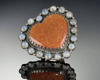 Sterling Silver Heart Goldstone Moonstone Ring, Adjustable, Monumental, Artist Made