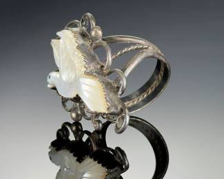 Vintage Silver Carved Mother of Pearl Dove Ring, Ornate Filigree