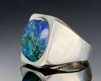 VINTAGE Mexican Sterling Silver Azurmalachite Ring, Signed TA-2, Size 10.5