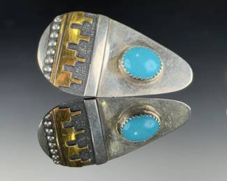 Thomas Singer Navajo Silver Gold Overlay Turquoise Clip-On Earrings Native American
