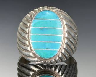 Native AMERICAN Sterling Silver Turquoise Inlay Ring, Signed LC, Size 13