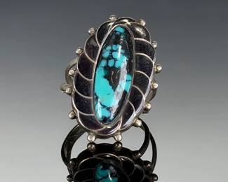 Vintage Southwest Turquoise Ring, Spiderweb Matrix, Silver-Tone, Size 5.25