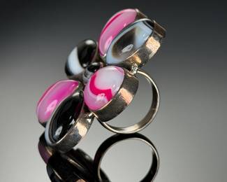 Monumental sTERLING Silver CUSTOM BANDED Agate Onyx Statement RING SZ (>@%