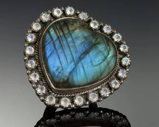 Monumental STERLING Silver Studio Artist Heart Ring, Labradorite, Adjustable