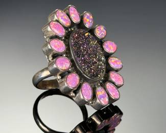 Sterling Silver Monumental Druzy & Lab-Created Opal Studio Ring, Size 8-12 Adj.
