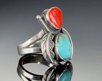 VINTAGE Sterling Silver Turquoise Coral Ring Size 7.5 PLATA 925