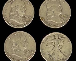 Silver Half Dollar Coin Lot: 3 Franklin, 1 Walking Liberty (4 Total)