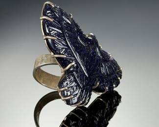 Monumental STERLING Silver Eagle Ring, Studio Artist Carved BLUE GOLDSTONE