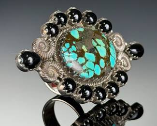 Monumental STERLING Silver Turquoise Onyx Adjustable Ring, Studio Artist Crafted