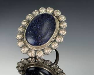 Monumental STERLING Silver Blue Goldstone. Ring,Studio. ArtistMade, Adjustable