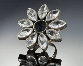 Sterling Silver Studio Artist Ring, Black Onyx & Crystal, Size 10