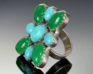 Monumental STERLING SILVER Turquoise Jade CLUSTER RING< Studio Made